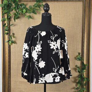 INC Black and White Floral Waves Off The Shoulder Peasant Blouse - size medium